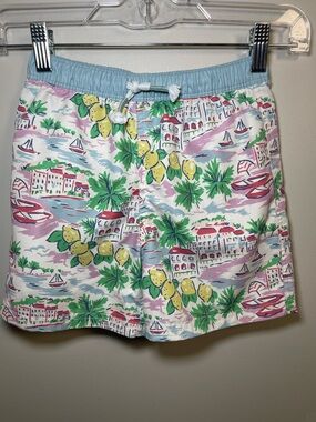 Mini Boden Pastel Coastal Print Swim Shorts in Light Blue, Yellow & Green